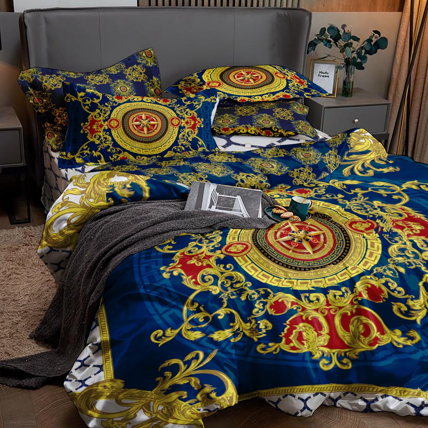 Eccentric Baroque Blue Yellow White Personalised design Bedding set • Reversible design • Cotton • microfiber • you LOGO in center