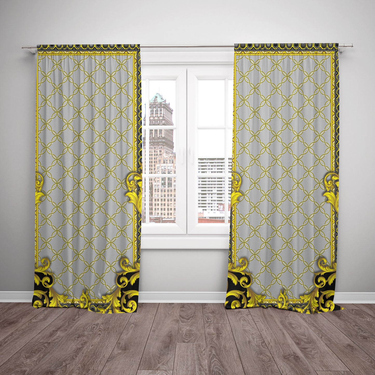 Curtains 2 PCS SET gold-black baroque or greek style romantic design • room curtains  • home decor