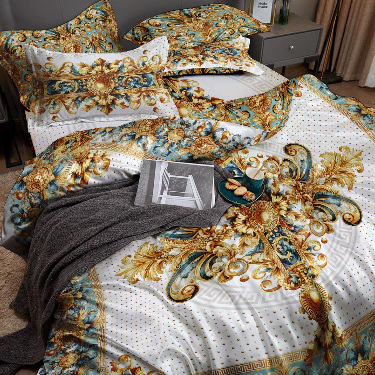 Juego de cama personalizado de tencel o seda PSC 3/4, diseño barroco excéntrico, azul y blanco "ALIBLUE" • Diseño reversible • Seda sintética • Todos los tamaños