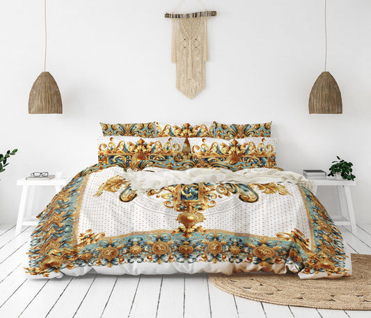 Juego de cama 100% algodón o poliéster 3/4 PSC "ALIBLUE" • exclusivo diseño barroco excéntrico reversible personalizado • coloque su logotipo