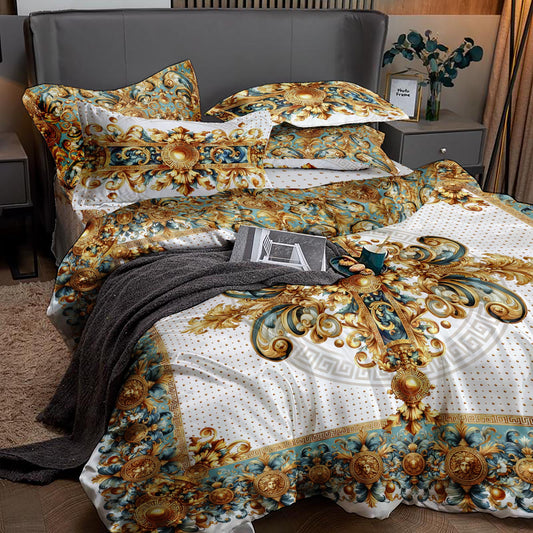 Juego de cama personalizado de tencel o seda PSC 3/4, diseño barroco excéntrico, azul y blanco "ALIBLUE" • Diseño reversible • Seda sintética • Todos los tamaños