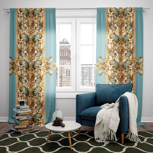Cortinas 2 piezas conjunto dorado-blanco estilo barroco o griego diseño romántico "Aliblue" • tu LOGO • cortinas de habitación • decoración del hogar