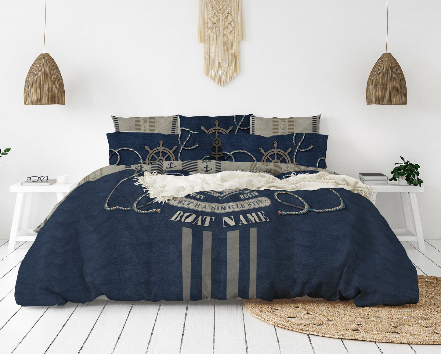 Juego de cama náutico • diseño personalizado reversible de mar con efecto bordado