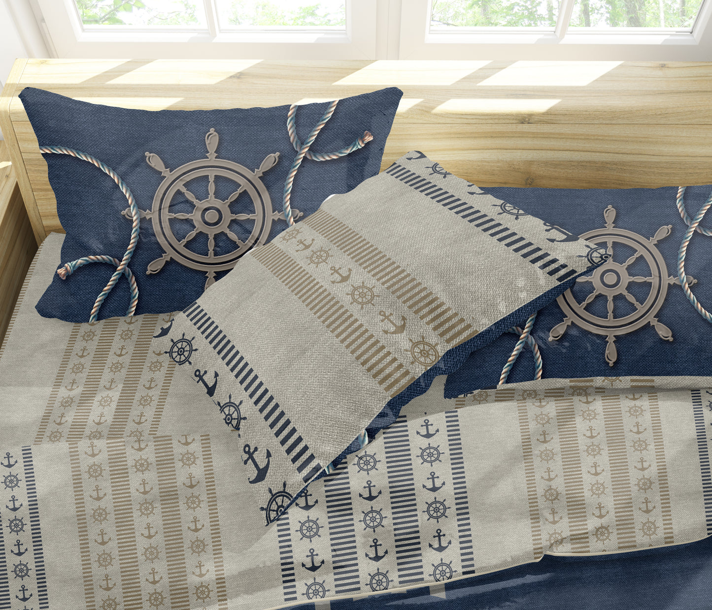 Juego de cama náutico • diseño personalizado reversible de mar con efecto bordado