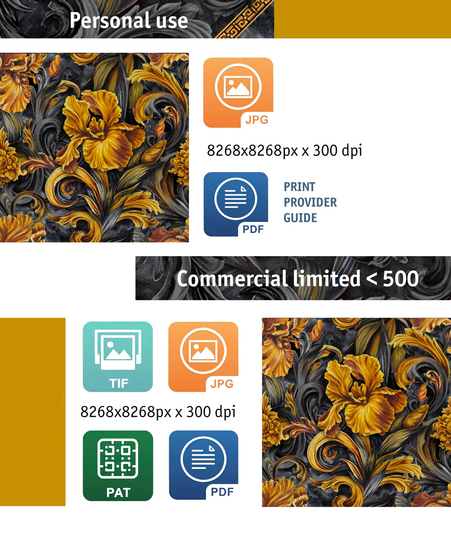 Golden Iris — Luxury Seamless Pattern for Wallpaper, Textile & Apparel | Hand-painted Premium Design