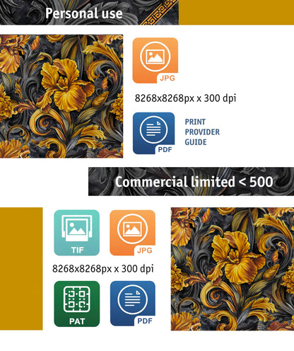Golden Iris — Luxury Seamless Pattern for Wallpaper, Textile & Apparel | Hand-painted Premium Design
