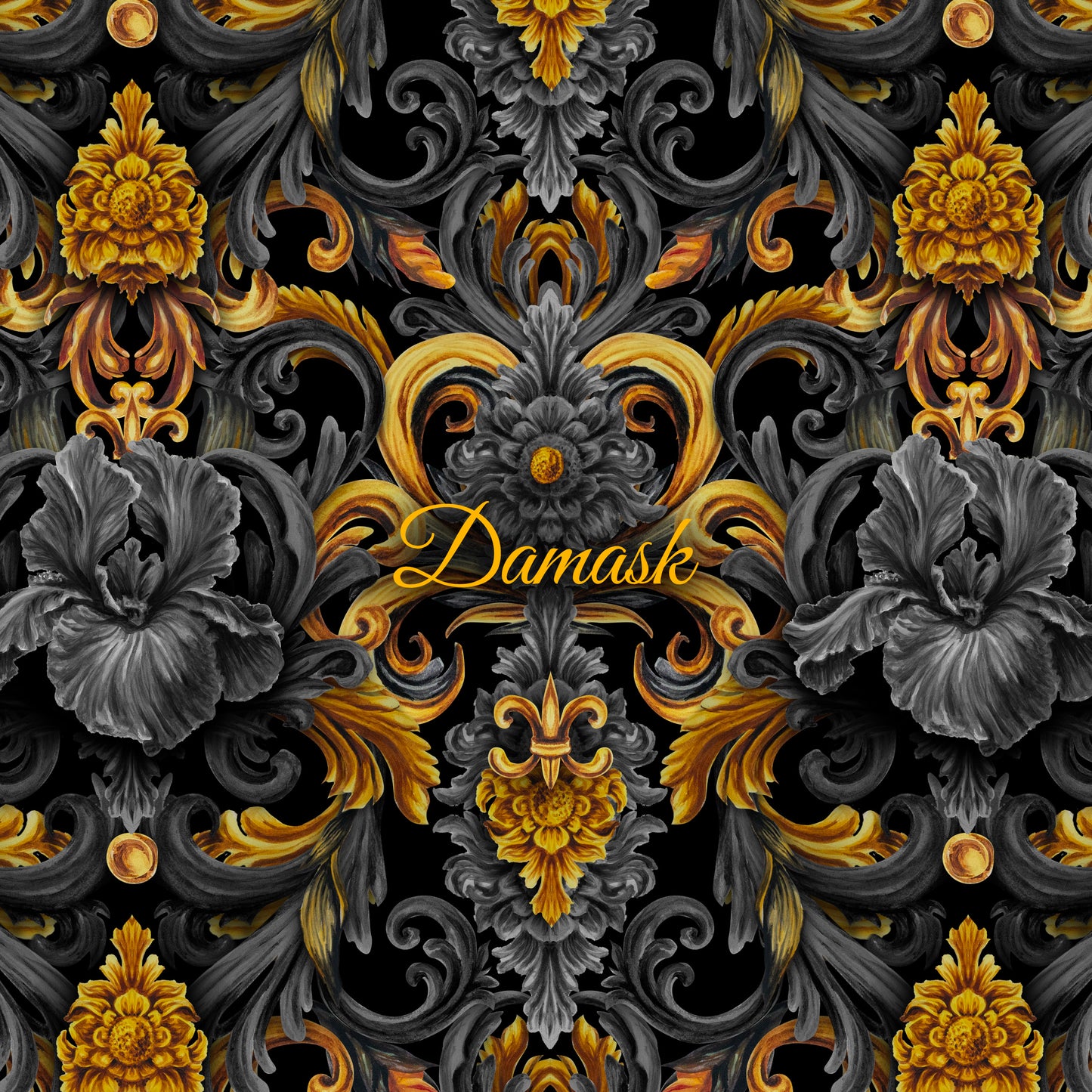 Golden Iris Damask — Luxury Seamless Pattern for Wallpaper, Textile & Apparel | Hand-painted Premium Design