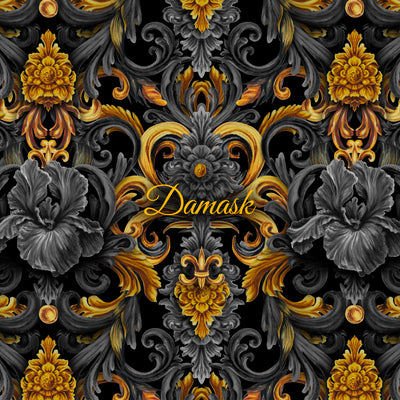 Golden Iris Damask — Luxury Seamless Pattern for Wallpaper, Textile & Apparel | Hand-painted Premium Design