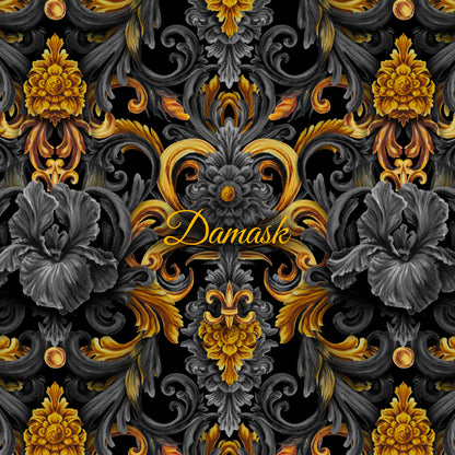 Golden Iris Damask — Luxury Seamless Pattern for Wallpaper, Textile & Apparel | Hand-painted Premium Design