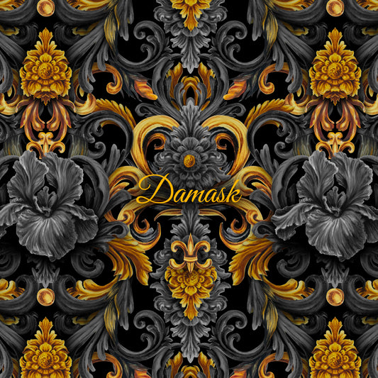 Golden Iris Damask — Luxury Seamless Pattern for Wallpaper, Textile & Apparel | Hand-painted Premium Design