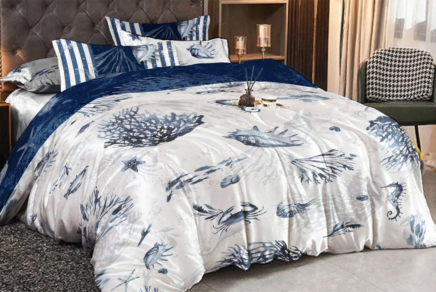 Silk bedding set "Jili"• sea romantic reversible design • set 4 pcs