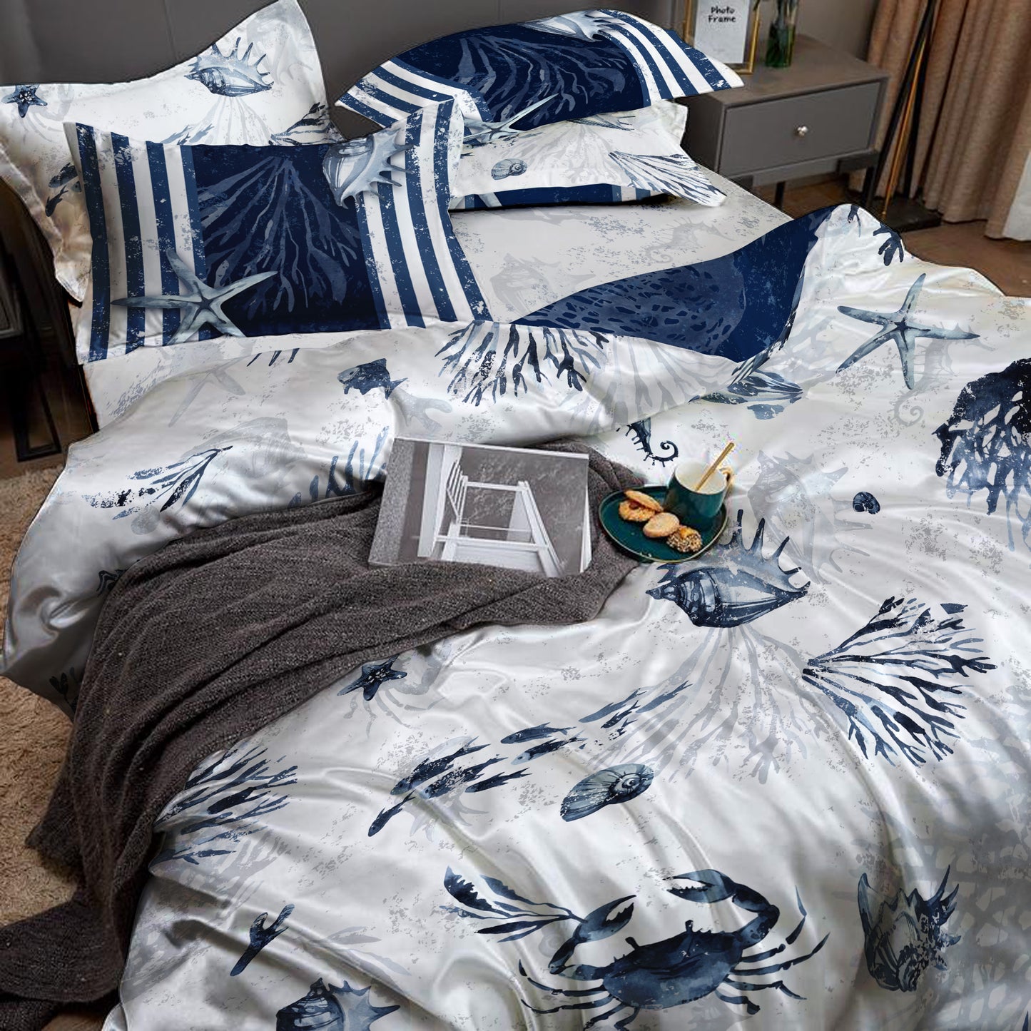 Silk bedding set "Jili"• sea romantic reversible design • set 4 pcs