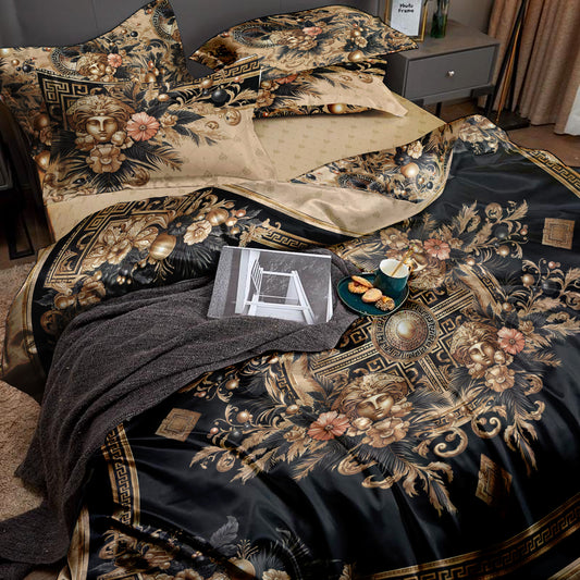 Juego de cama personalizado excéntrico barroco azul y blanco "Noira" • Diseño reversible • Algodón • Microfibra • Seda sintética • AU, EU, USA, queen, king